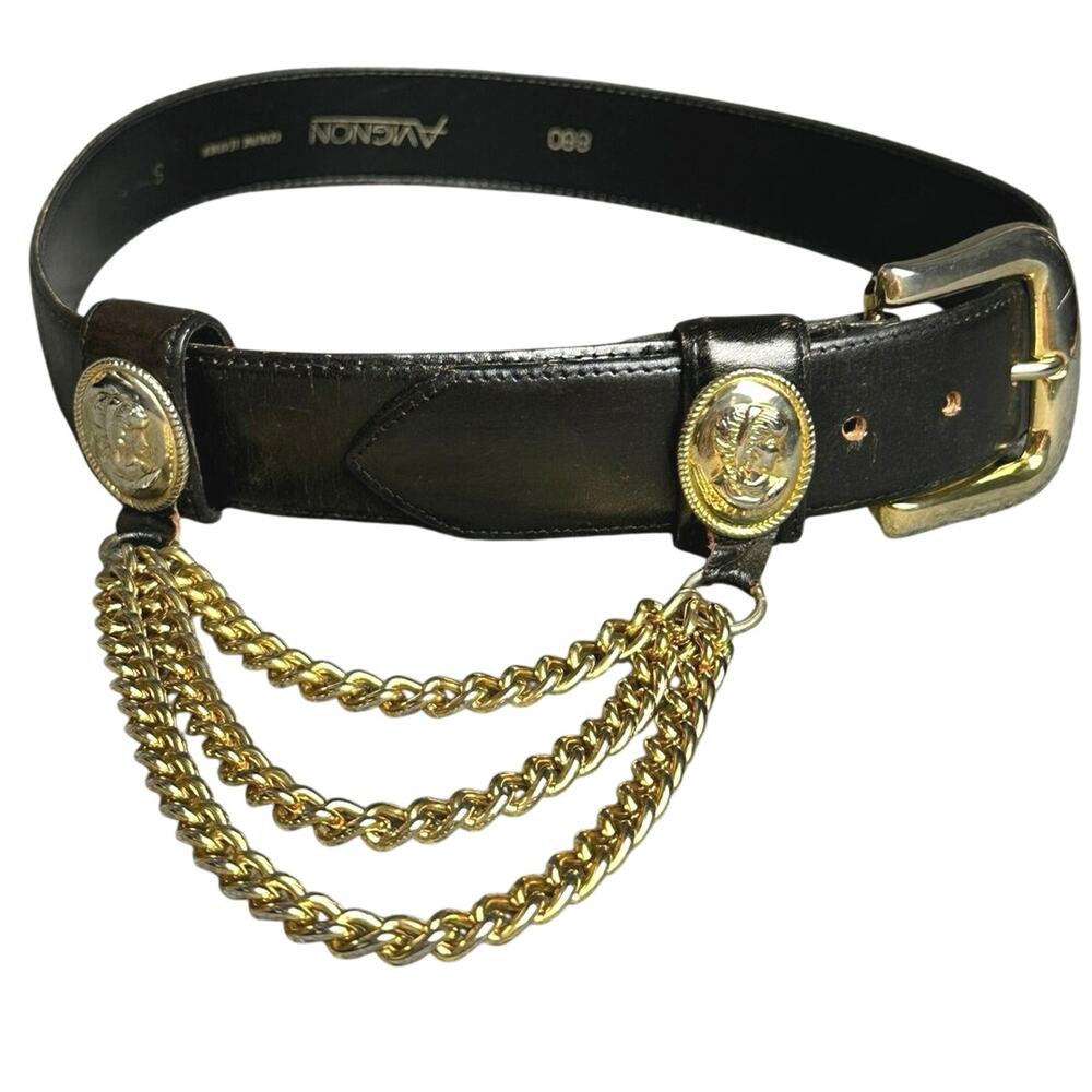 Vintage Avignon black leather chain belt SM gold medallion old money Renaissance